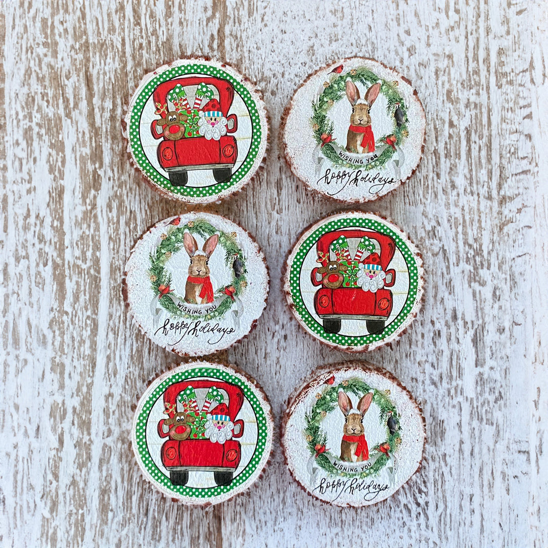 Cheerful Holiday Drink Mats|Set of 6 Santa Claus Coasters|Wood Funny Christmas Gift Ideas|Holiday Coasters for Cups|Round Kitchen Mug Rugs