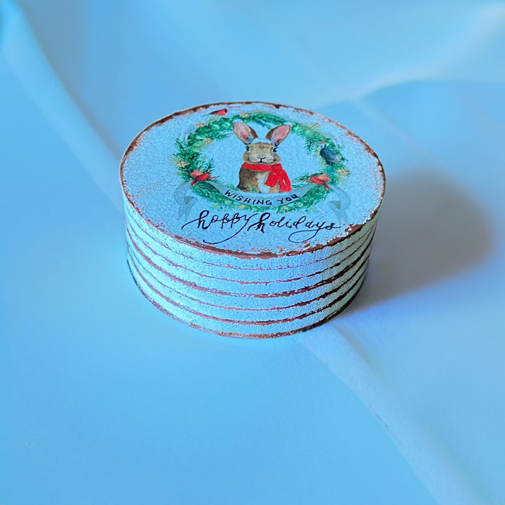 Cheerful Holiday Drink Mats|Set of 6 Santa Claus Coasters|Wood Funny Christmas Gift Ideas|Holiday Coasters for Cups|Round Kitchen Mug Rugs