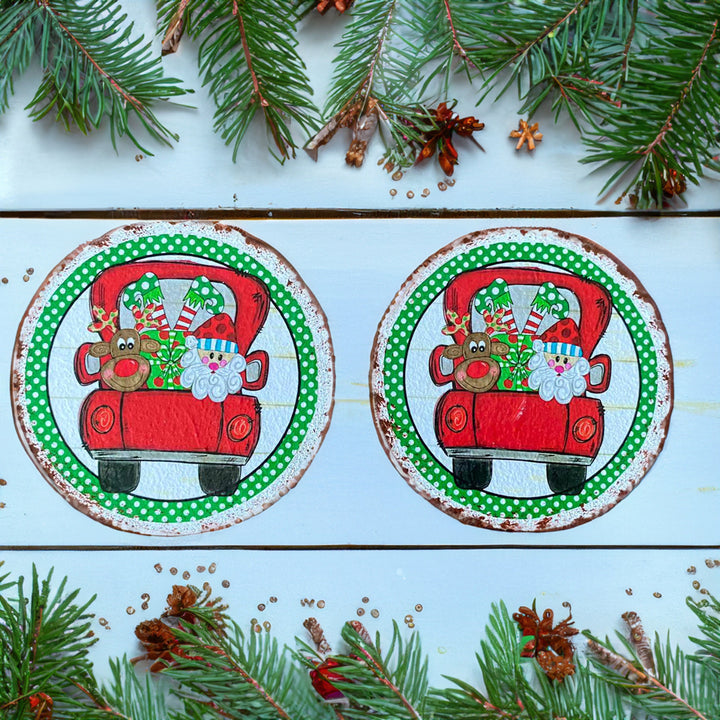 Cheerful Holiday Drink Mats|Set of 6 Santa Claus Coasters|Wood Funny Christmas Gift Ideas|Holiday Coasters for Cups|Round Kitchen Mug Rugs
