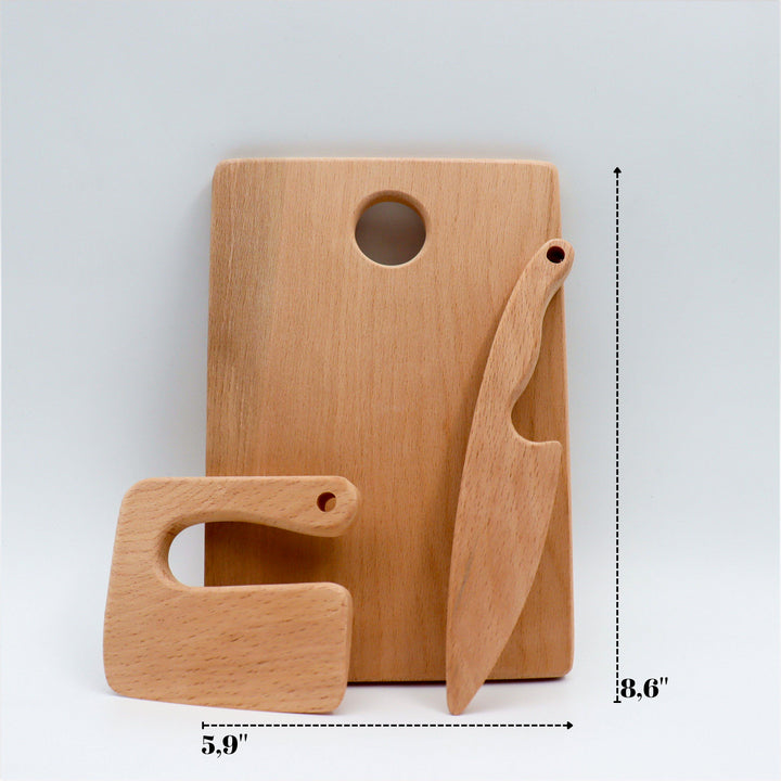 Wooden Cutting Board and Safe Knives|Educational Wooden Play Kitchen Utensils|Wooden Toy ChoppingTools for Kid|Montessori Play Kitchen Tools
