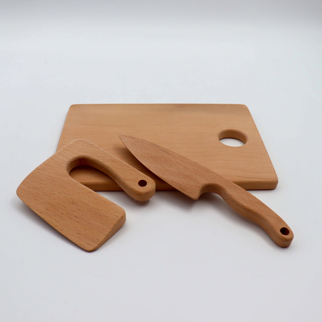 Wooden Cutting Board and Safe Knives|Educational Wooden Play Kitchen Utensils|Wooden Toy ChoppingTools for Kid|Montessori Play Kitchen Tools
