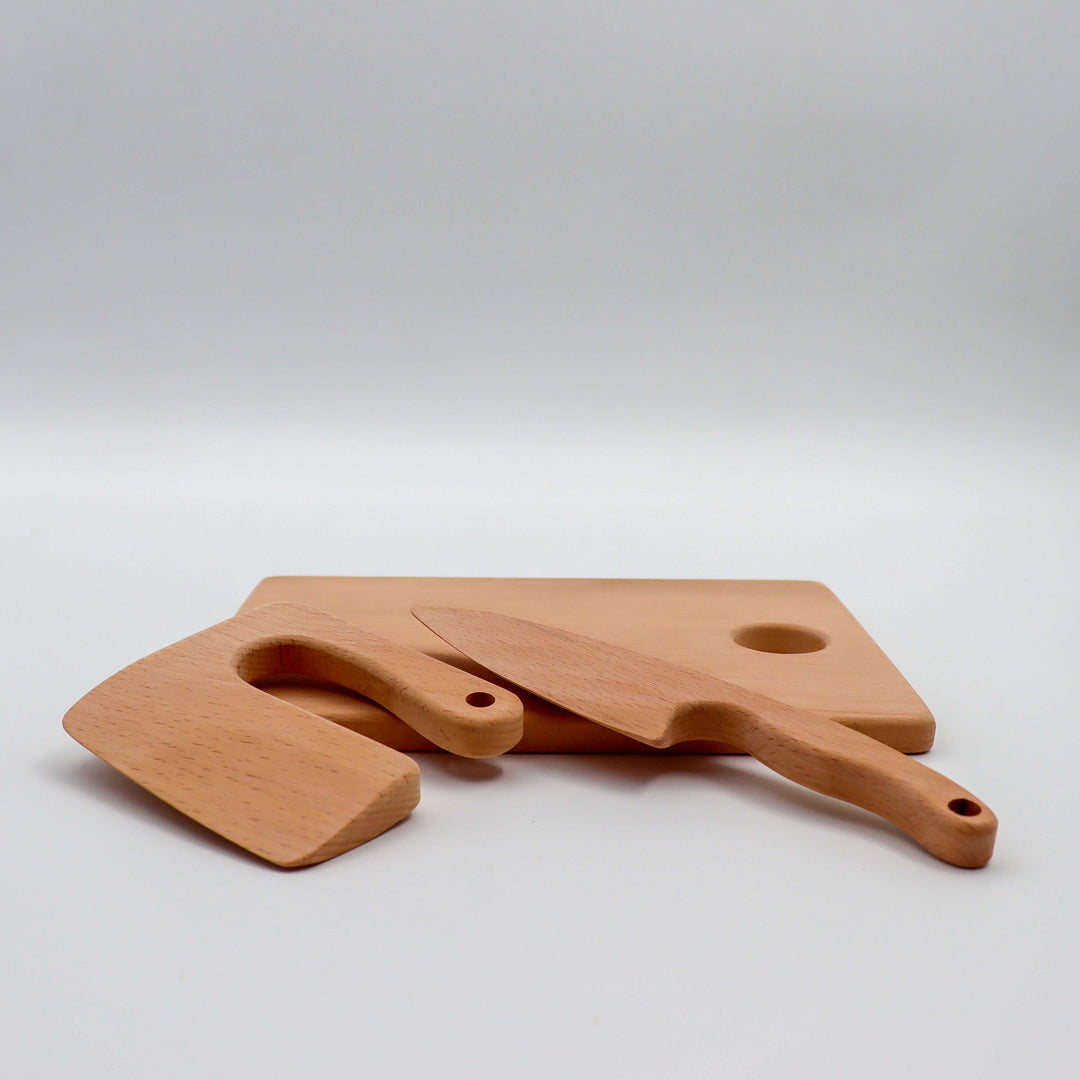 Wooden Cutting Board and Safe Knives|Educational Wooden Play Kitchen Utensils|Wooden Toy ChoppingTools for Kid|Montessori Play Kitchen Tools