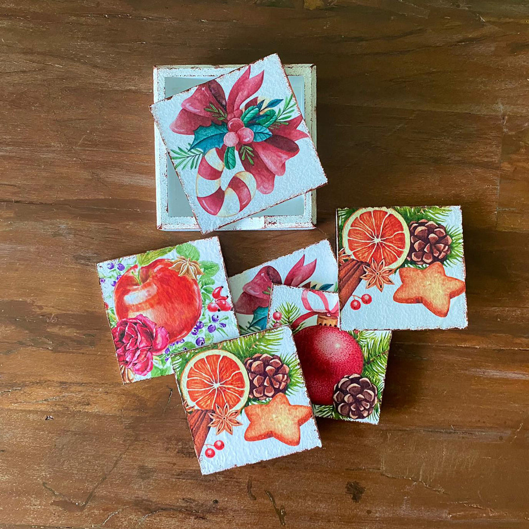 Festive New Year's Drink Coasters Set of 6|Christmas Ornaments Wood Coasters|Rustic Mug Rugs|Holiday Drink Mats|Stylish Gift For Mom Teacher