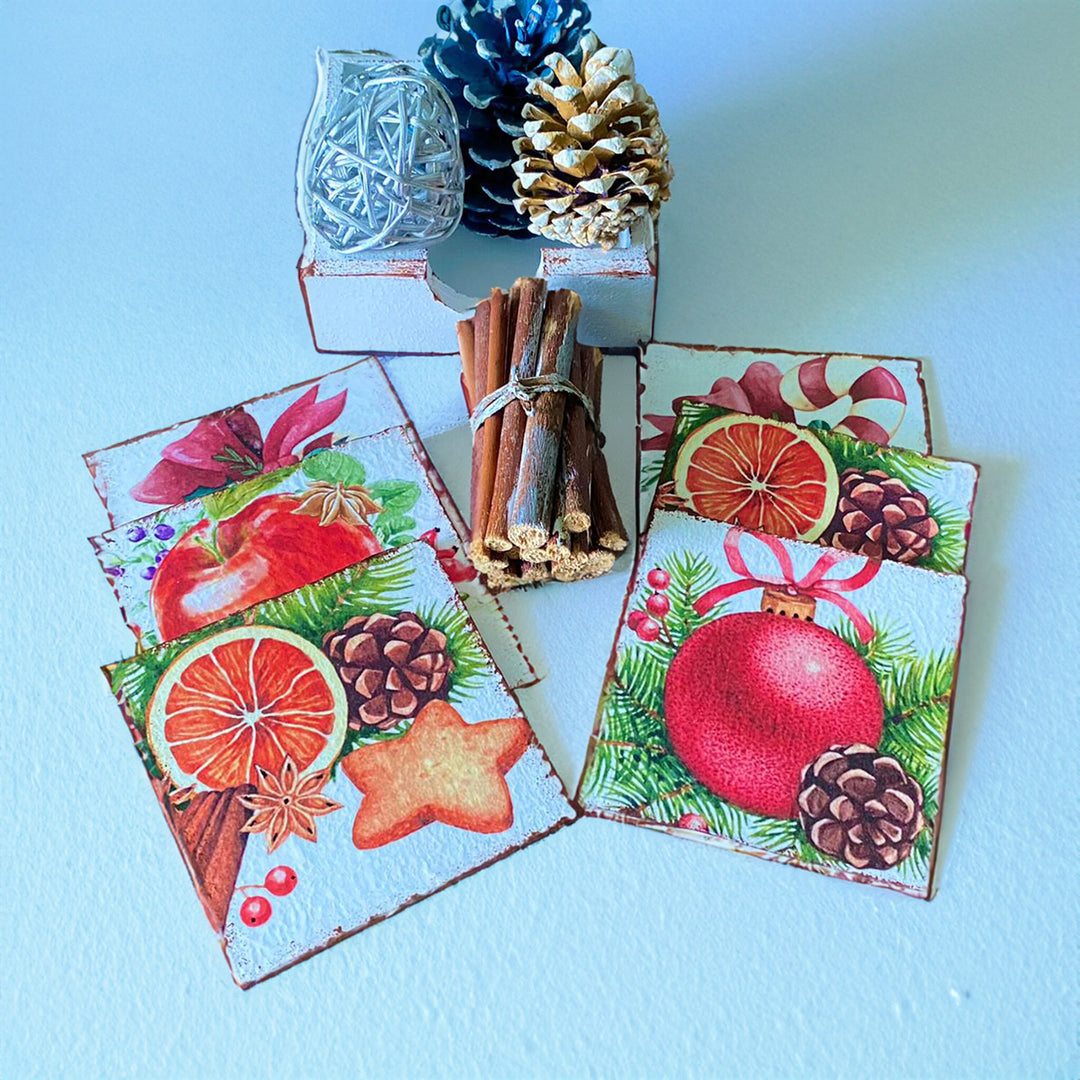 Festive New Year's Drink Coasters Set of 6|Christmas Ornaments Wood Coasters|Rustic Mug Rugs|Holiday Drink Mats|Stylish Gift For Mom Teacher
