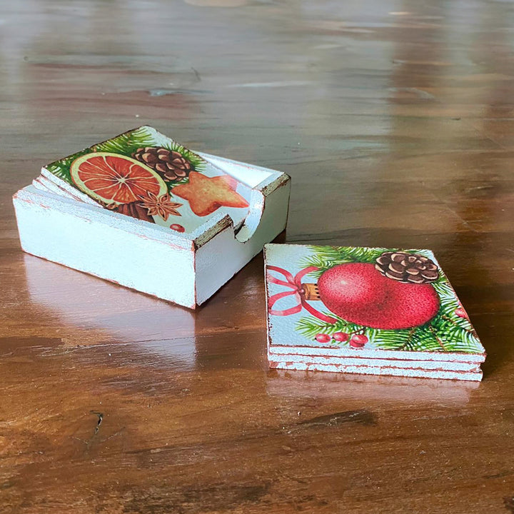 Festive New Year's Drink Coasters Set of 6|Christmas Ornaments Wood Coasters|Rustic Mug Rugs|Holiday Drink Mats|Stylish Gift For Mom Teacher