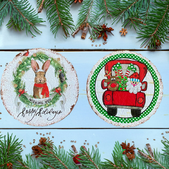 Cheerful Holiday Drink Mats|Set of 6 Santa Claus Coasters|Wood Funny Christmas Gift Ideas|Holiday Coasters for Cups|Round Kitchen Mug Rugs
