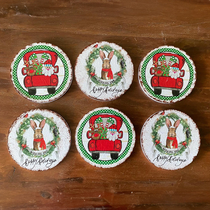 Cheerful Holiday Drink Mats|Set of 6 Santa Claus Coasters|Wood Funny Christmas Gift Ideas|Holiday Coasters for Cups|Round Kitchen Mug Rugs