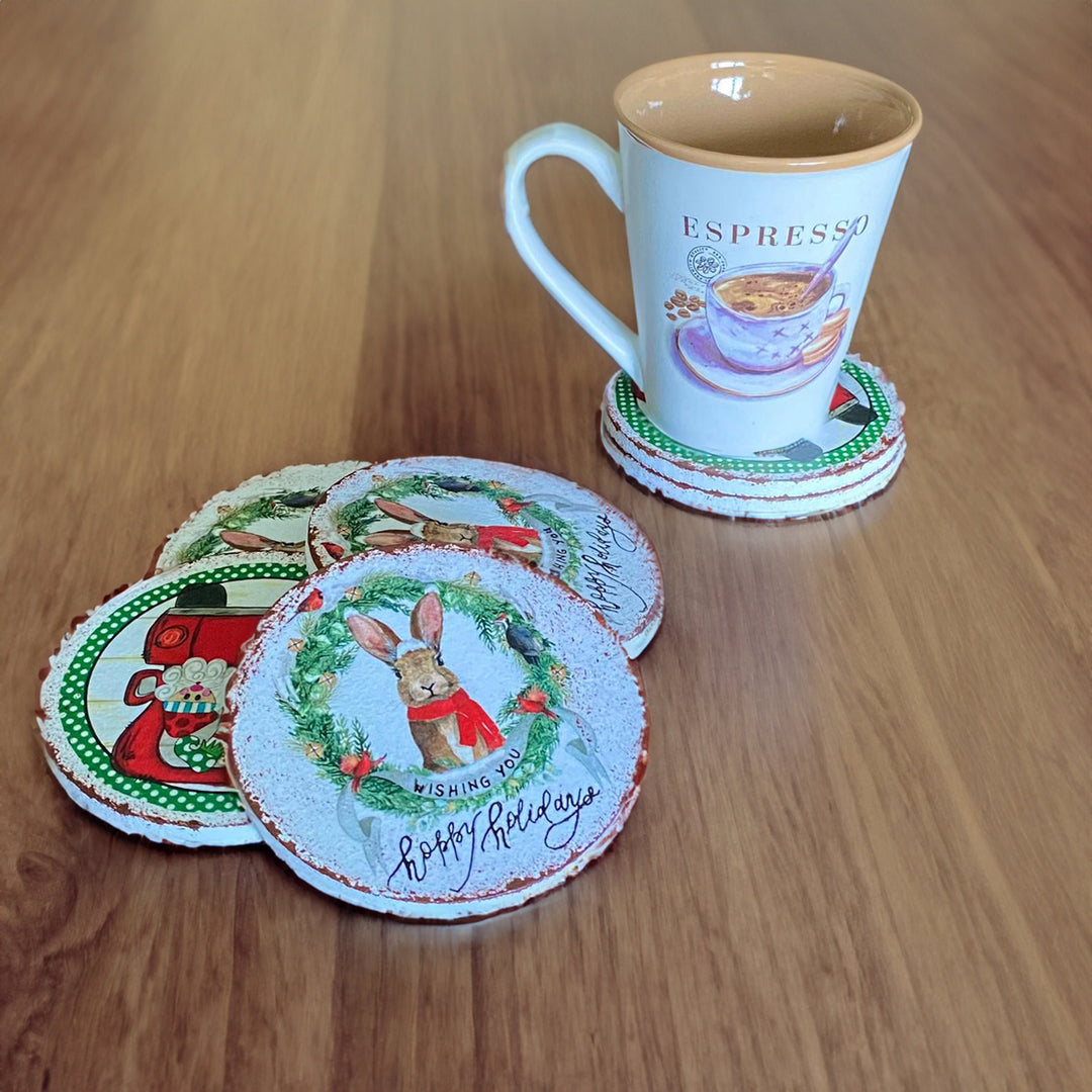 Cheerful Holiday Drink Mats|Set of 6 Santa Claus Coasters|Wood Funny Christmas Gift Ideas|Holiday Coasters for Cups|Round Kitchen Mug Rugs