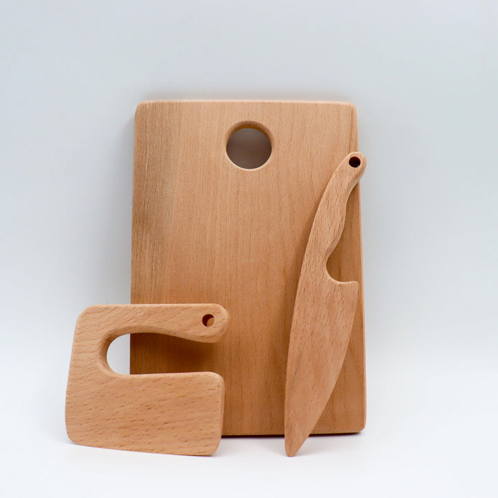Wooden Cutting Board and Safe Knives|Educational Wooden Play Kitchen Utensils|Wooden Toy ChoppingTools for Kid|Montessori Play Kitchen Tools