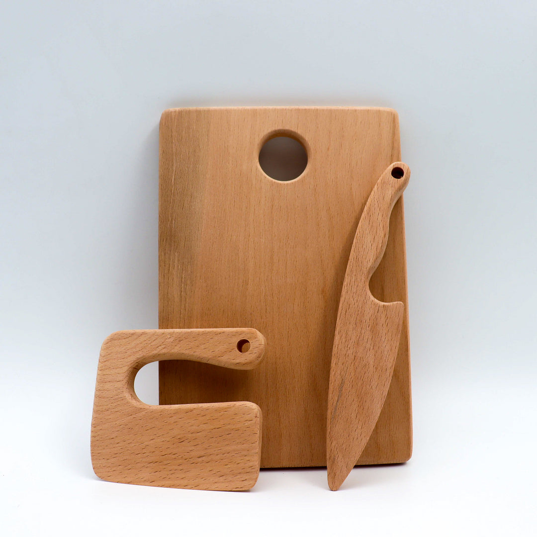 Wooden Cutting Board and Safe Knives|Educational Wooden Play Kitchen Utensils|Wooden Toy ChoppingTools for Kid|Montessori Play Kitchen Tools