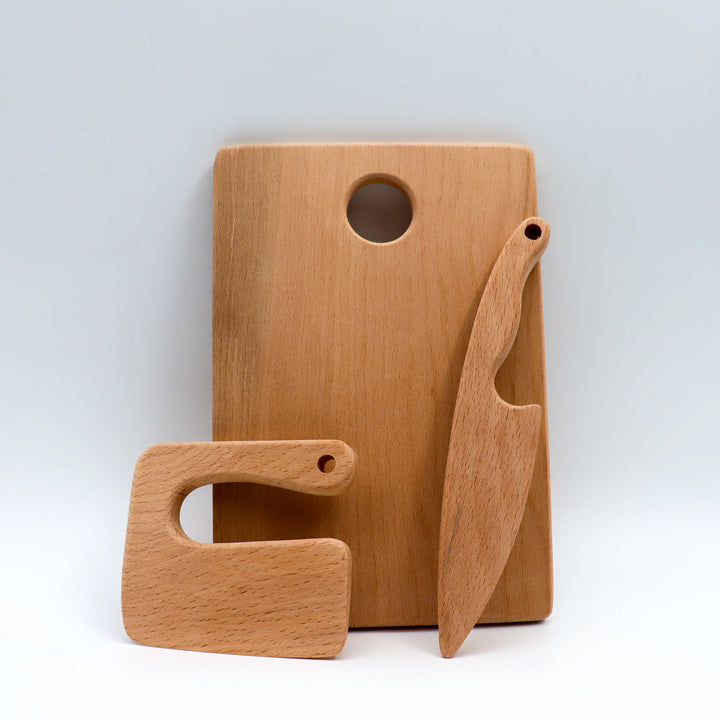 Wooden Cutting Board and Safe Knives|Educational Wooden Play Kitchen Utensils|Wooden Toy ChoppingTools for Kid|Montessori Play Kitchen Tools