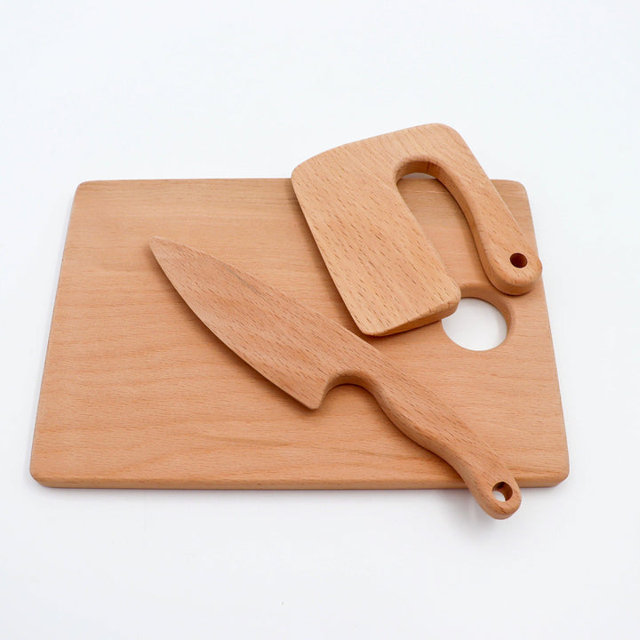 Wooden Cutting Board and Safe Knives|Educational Wooden Play Kitchen Utensils|Wooden Toy ChoppingTools for Kid|Montessori Play Kitchen Tools