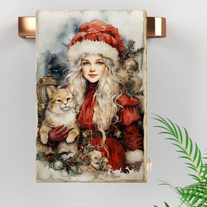 16x24 Xmas Towel|Cute Girl Print Tea Towel|Christmas Dishcloth|Winter Hand Towel|Floral Tea Towel|Kitchen Cleaning Cloth|Dust Remover