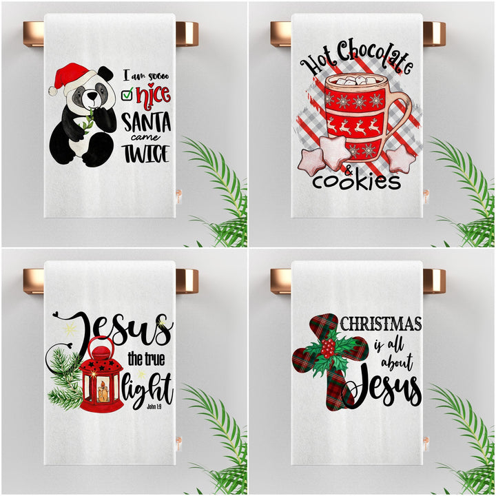 Christmas Hand Towel|Panda Cleaning Rag|Jesus Dish Cloth|Cookies Reusable Towel|Winter Tea Towel|Hot Chocolate Dishcloth|Xmas Kitchen Towel