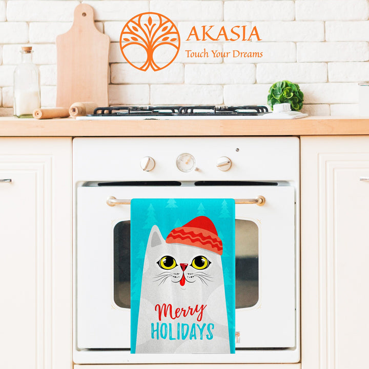 Santa Cat Dish Cloth|Merry Xmas Tea Towel|Happy New Year Kitchen Towel|Santa Claus Dishcloth|Winter Hand Towel|Xmas Print Rag