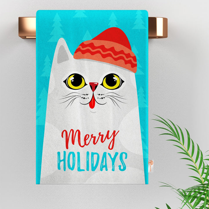 Santa Cat Dish Cloth|Merry Xmas Tea Towel|Happy New Year Kitchen Towel|Santa Claus Dishcloth|Winter Hand Towel|Xmas Print Rag