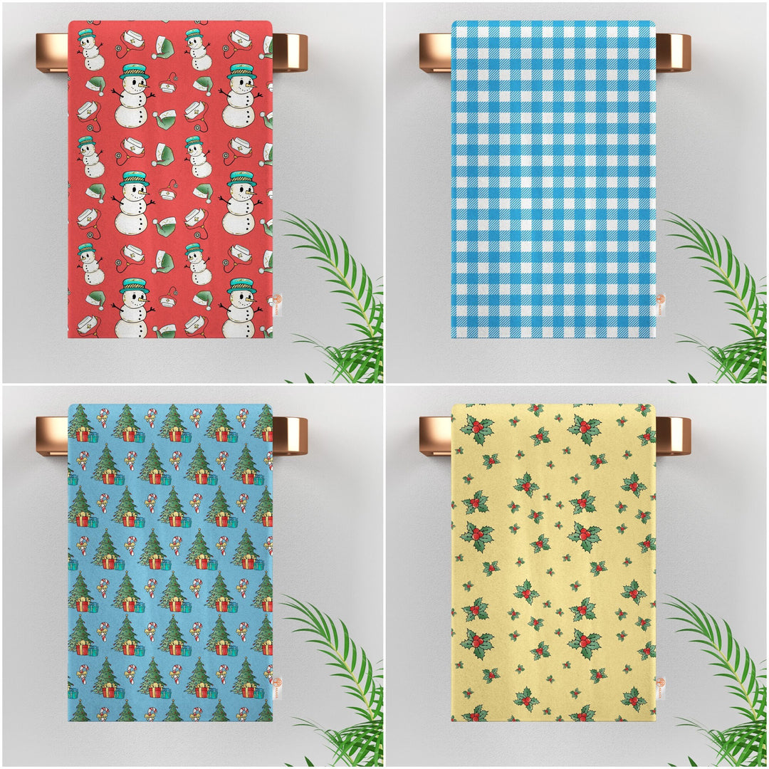 Christmas Tea Towel|Xmas Print Rag|Winter Cleaning Rag|Snowman Dishcloth|Red Berry Dish Cloth|Xmas Tree Hand Towel|Plaid Kitchen Towel