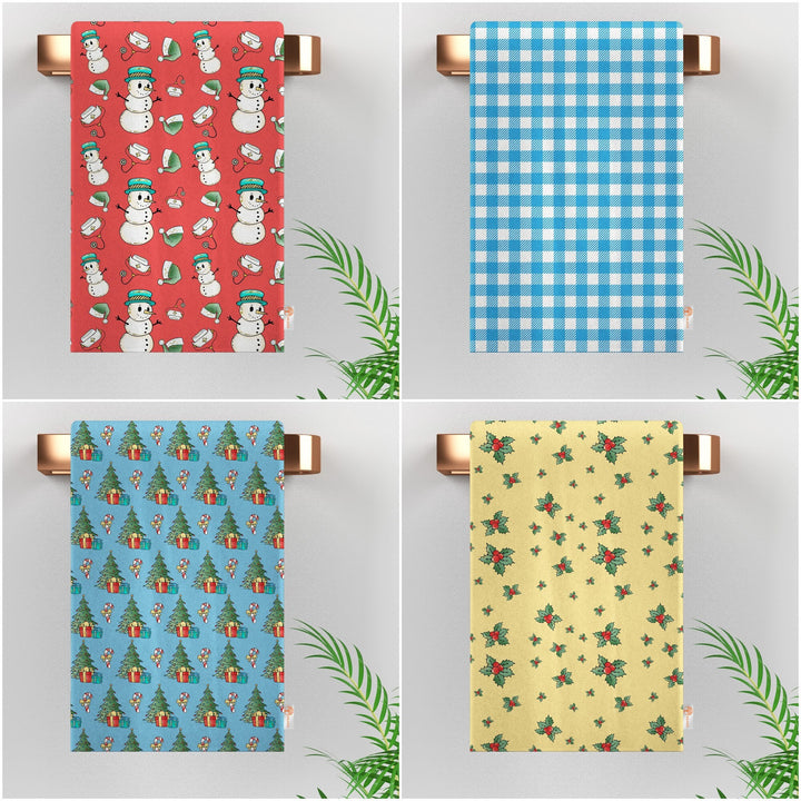 Christmas Tea Towel|Xmas Print Rag|Winter Cleaning Rag|Snowman Dishcloth|Red Berry Dish Cloth|Xmas Tree Hand Towel|Plaid Kitchen Towel