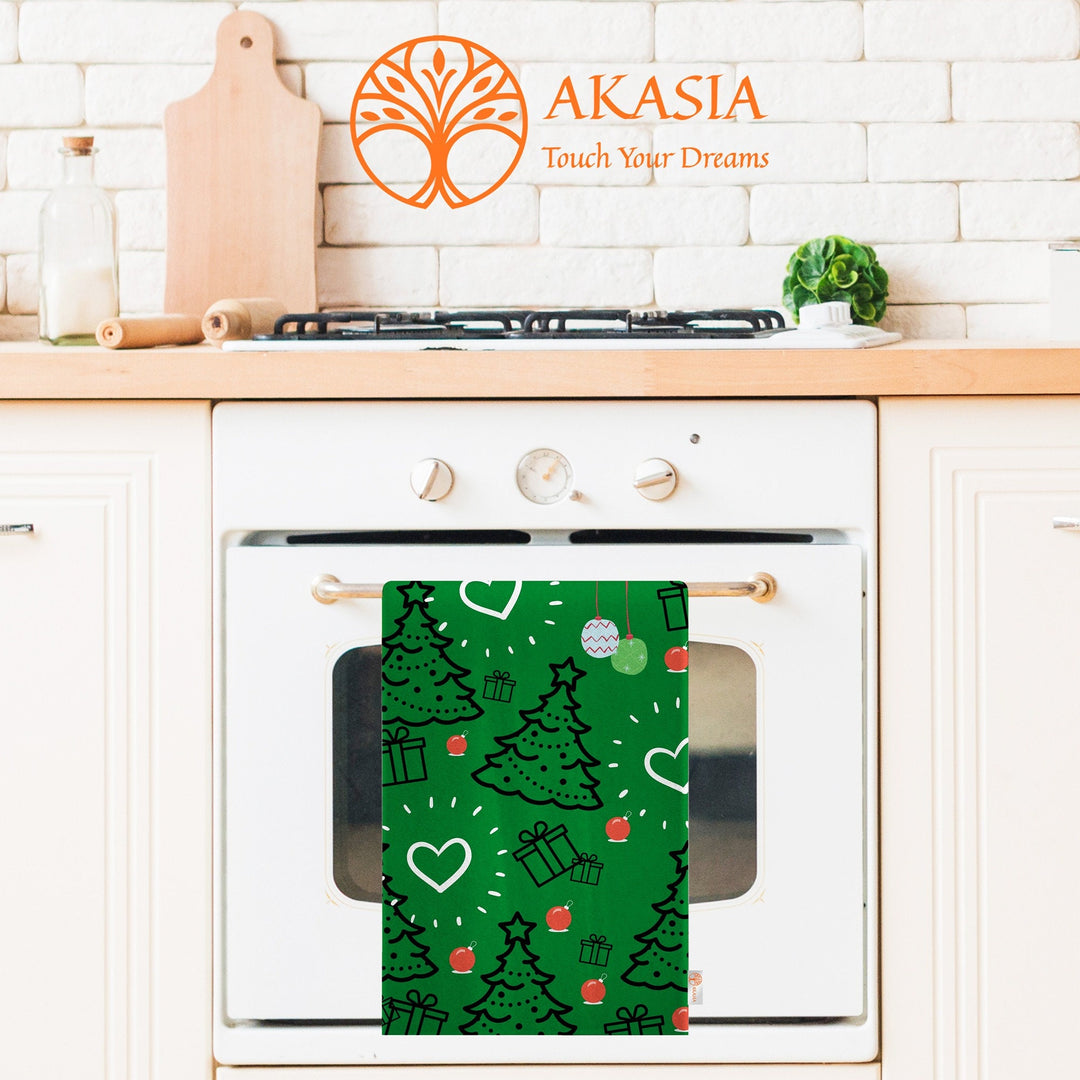 Xmas Tea Towel|Merry Xmas Print Rag|Winter Dishcloth|Christmas Hand Towel|Coffee Cup Kitchen Towel|Checkered Pine Tree Dish Cloth