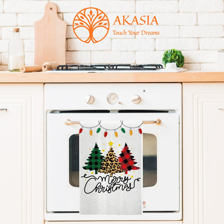 Xmas Tea Towel|Merry Xmas Print Rag|Winter Dishcloth|Christmas Hand Towel|Coffee Cup Kitchen Towel|Checkered Pine Tree Dish Cloth