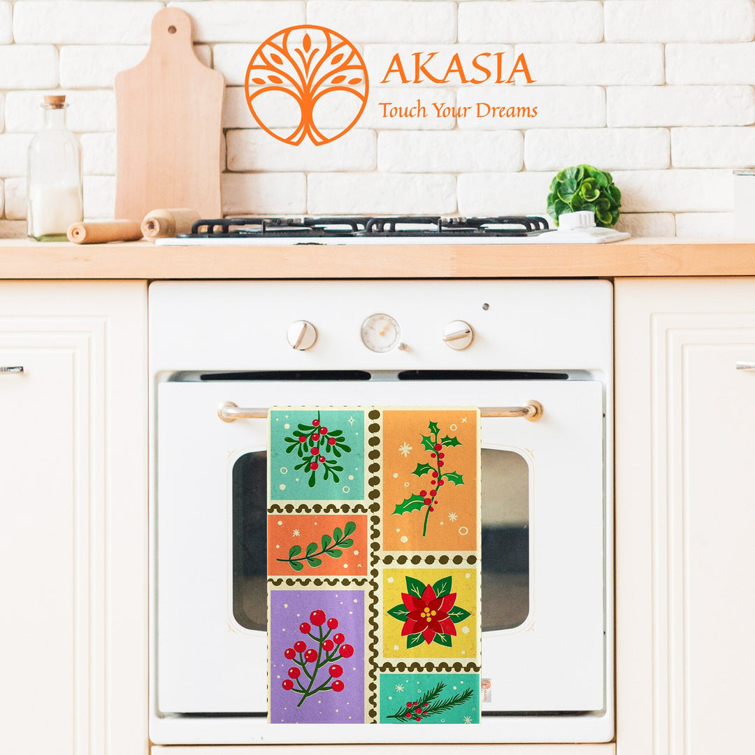 Christmas Tea Towel|Flower Hand Towel|Cake Cleaning Rag|Xmas Dishcloth|Cookie Dish Cloth|Berries Kitchen Towel|Winter Print Rag|Merry Xmas