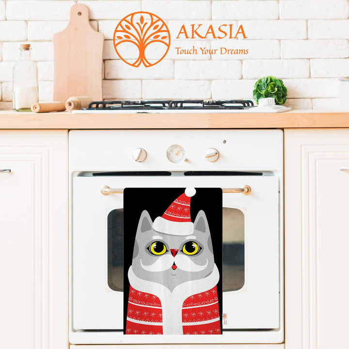 Santa Cat Dish Cloth|Merry Xmas Tea Towel|Happy New Year Kitchen Towel|Santa Claus Dishcloth|Winter Hand Towel|Xmas Print Rag
