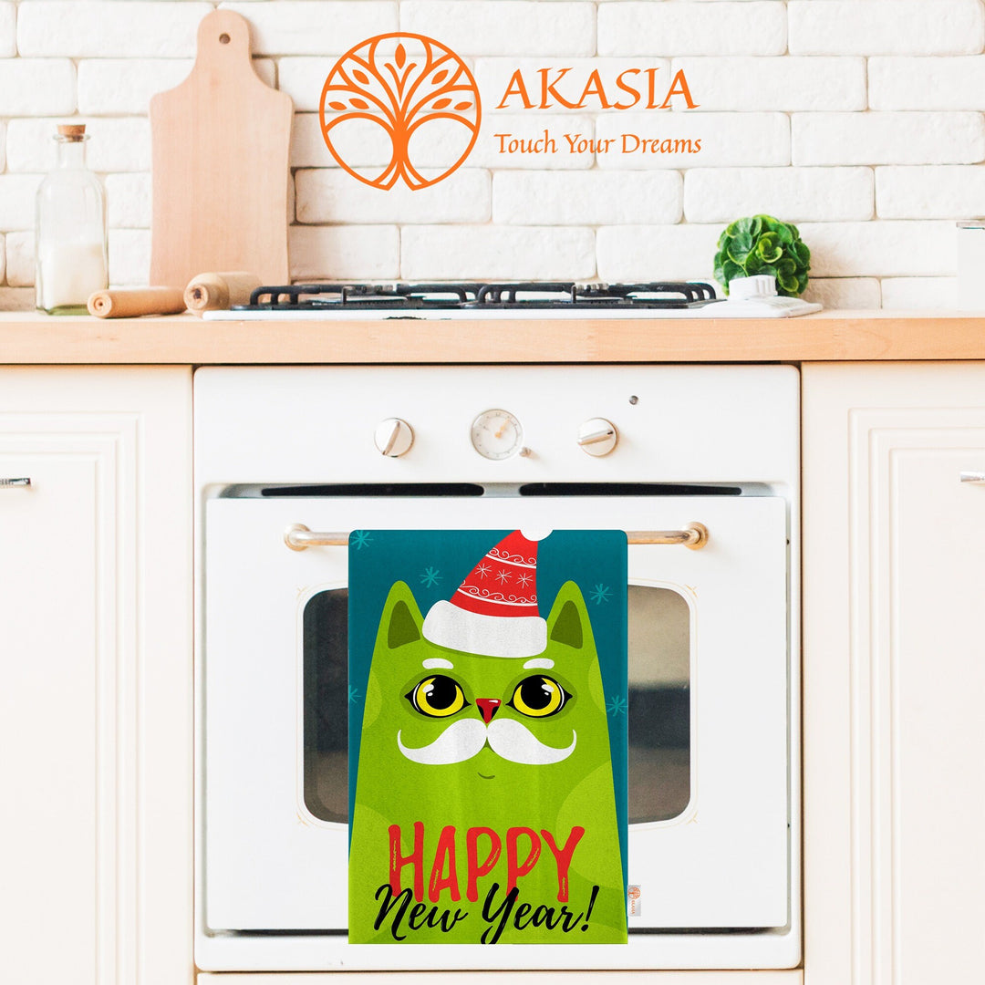 Santa Cat Dish Cloth|Merry Xmas Tea Towel|Happy New Year Kitchen Towel|Santa Claus Dishcloth|Winter Hand Towel|Xmas Print Rag