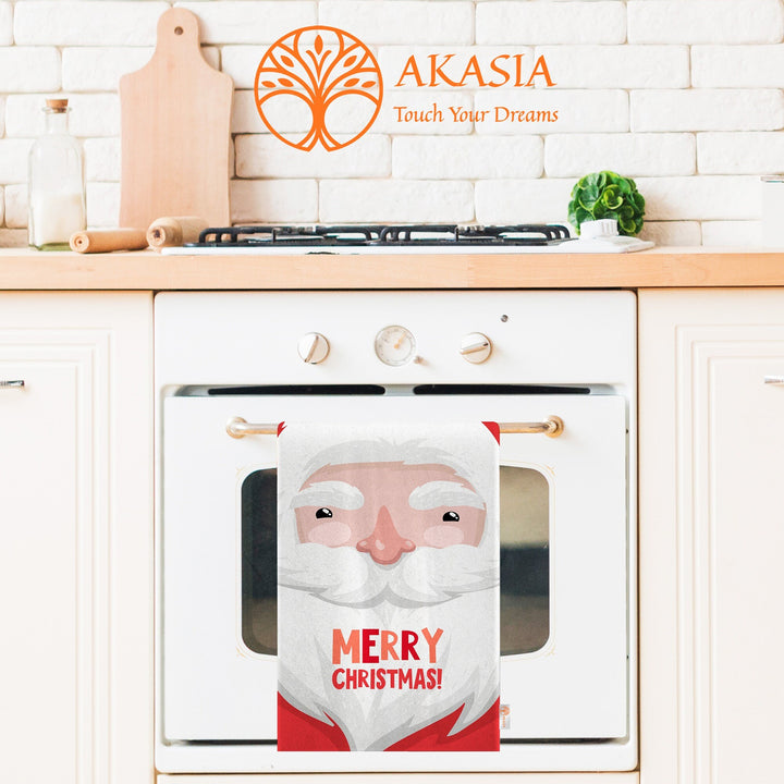 Santa Cat Dish Cloth|Merry Xmas Tea Towel|Happy New Year Kitchen Towel|Santa Claus Dishcloth|Winter Hand Towel|Xmas Print Rag