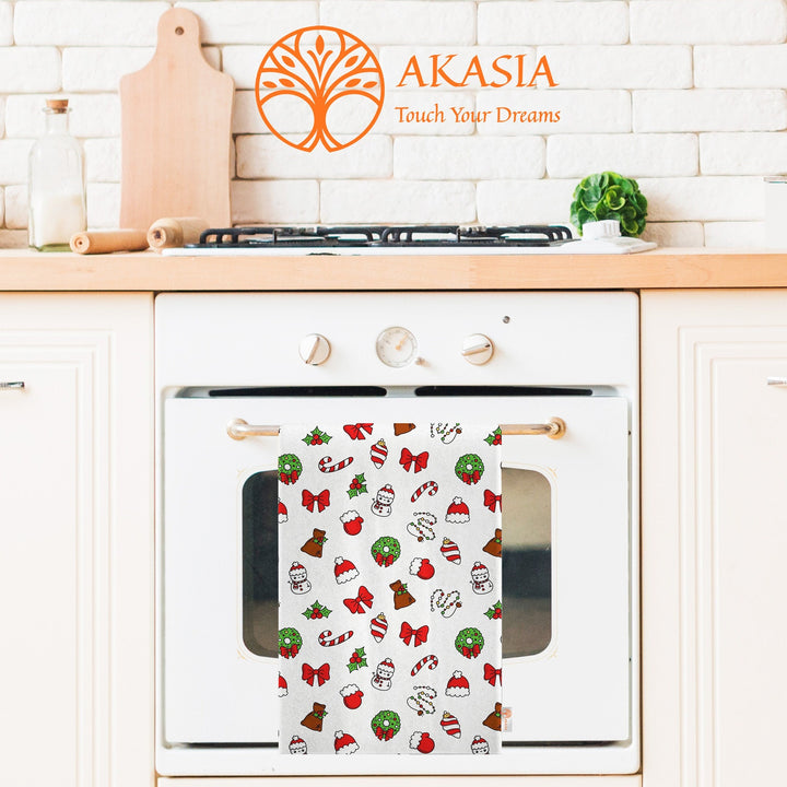 Xmas Tea Towel|Merry Xmas Print Rag|Winter Dishcloth|Christmas Hand Towel|Coffee Cup Kitchen Towel|Checkered Pine Tree Dish Cloth