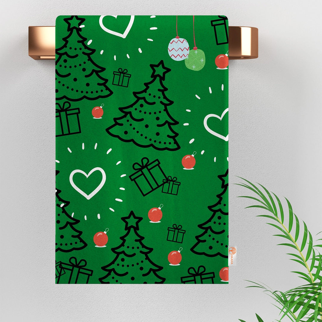 Xmas Tea Towel|Merry Xmas Print Rag|Winter Dishcloth|Christmas Hand Towel|Coffee Cup Kitchen Towel|Checkered Pine Tree Dish Cloth