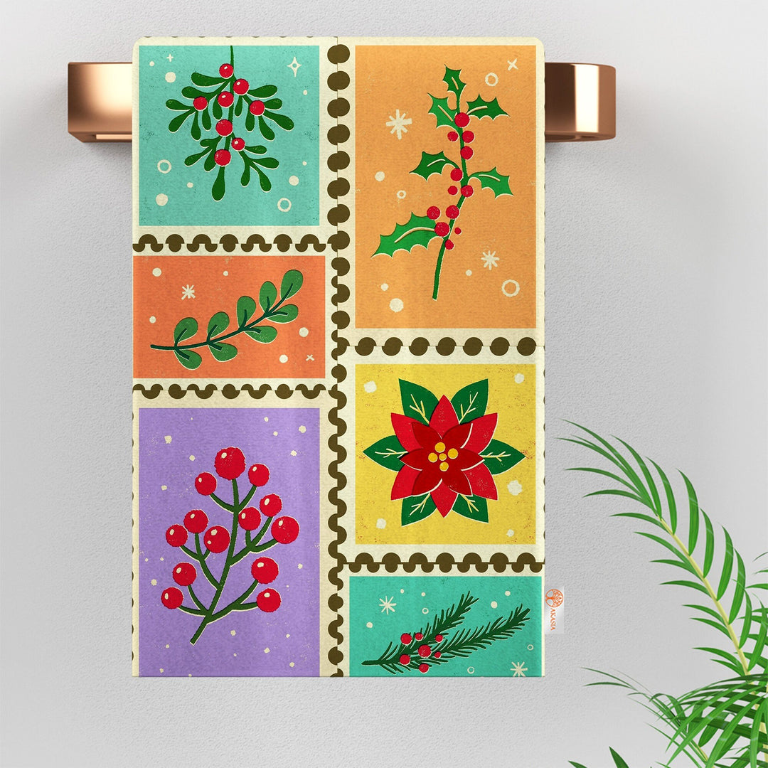 Christmas Tea Towel|Flower Hand Towel|Cake Cleaning Rag|Xmas Dishcloth|Cookie Dish Cloth|Berries Kitchen Towel|Winter Print Rag|Merry Xmas