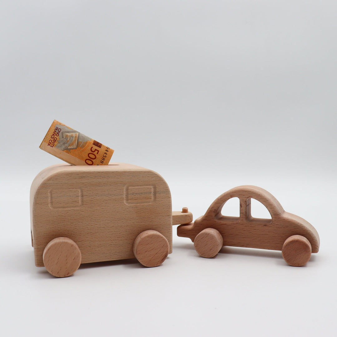 Wooden Caravan Piggy Bank|Wooden Handmade Coin Bank|Rustic Money Saving Duo|Money Box Car Toy for Kid|Baby Shower Gift|Xmas Gift