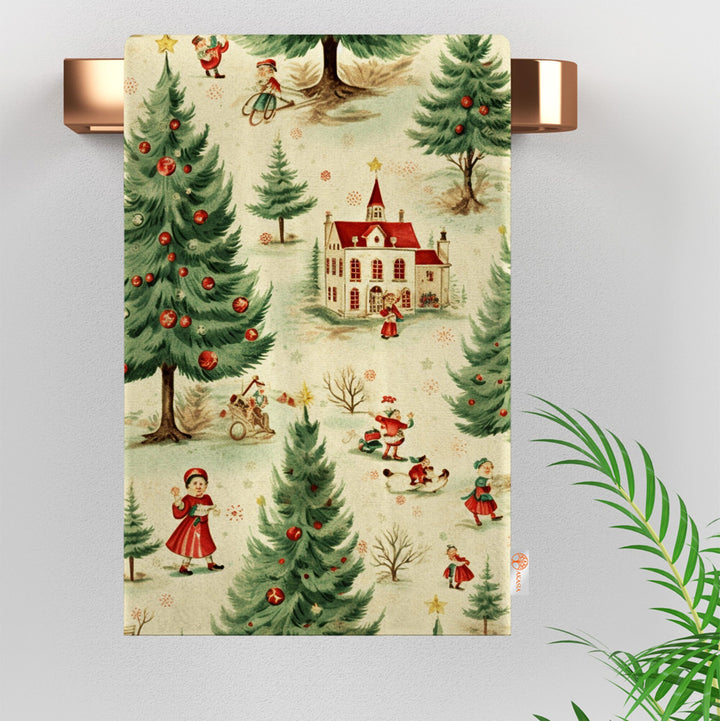 Christmas Hand Towel|Pine Tree Print Towel|Floral Xmas Dishcloth|Kitchen Cleaning Cloth|Bird Dust Remover|Cost-Effective Rag|Floral Towel