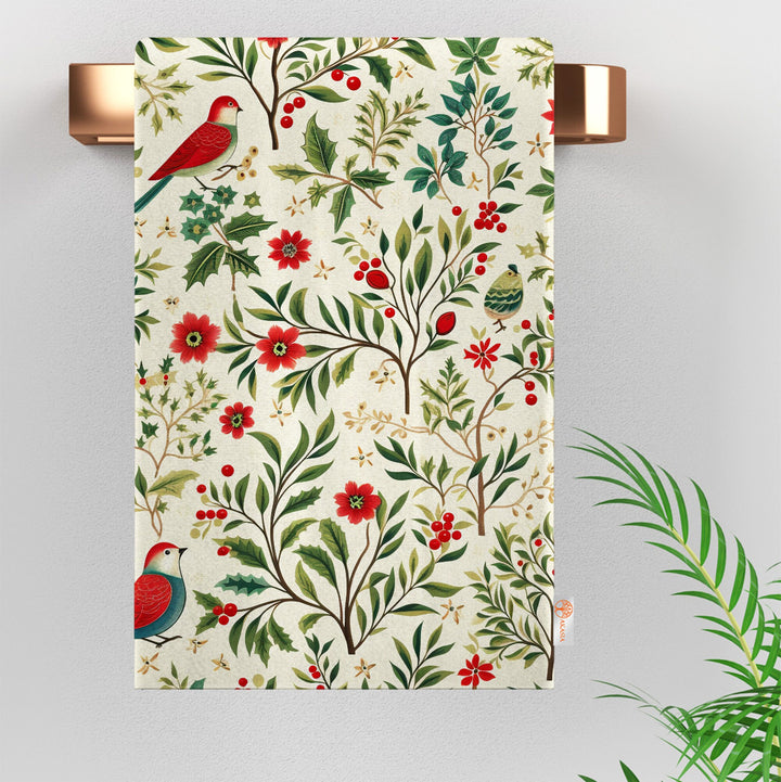 Christmas Hand Towel|Pine Tree Print Towel|Floral Xmas Dishcloth|Kitchen Cleaning Cloth|Bird Dust Remover|Cost-Effective Rag|Floral Towel