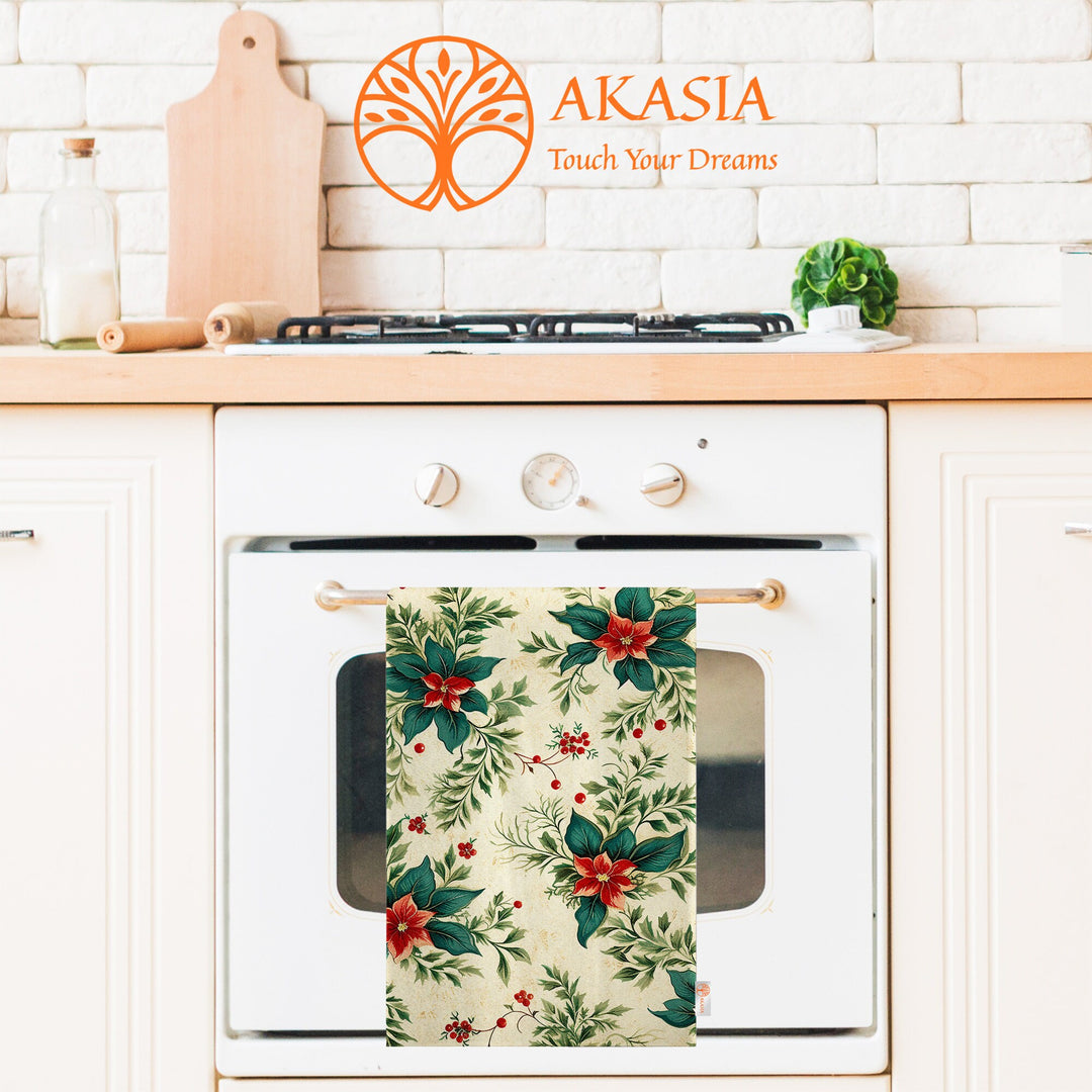 Christmas Hand Towel|Pine Tree Print Towel|Floral Xmas Dishcloth|Kitchen Cleaning Cloth|Bird Dust Remover|Cost-Effective Rag|Floral Towel