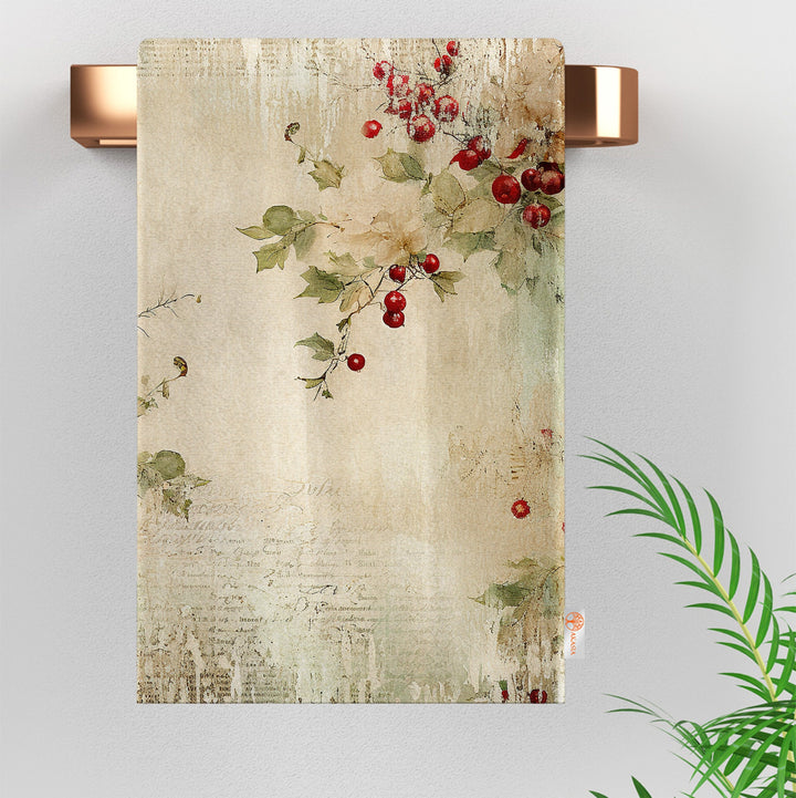 Christmas Hand Towel|Winter Trend Tea Towel|Floral Xmas Dishcloth|Red Berry Print Kitchen Cleaning Cloth|Dust Remover|Cost-Effective Rag