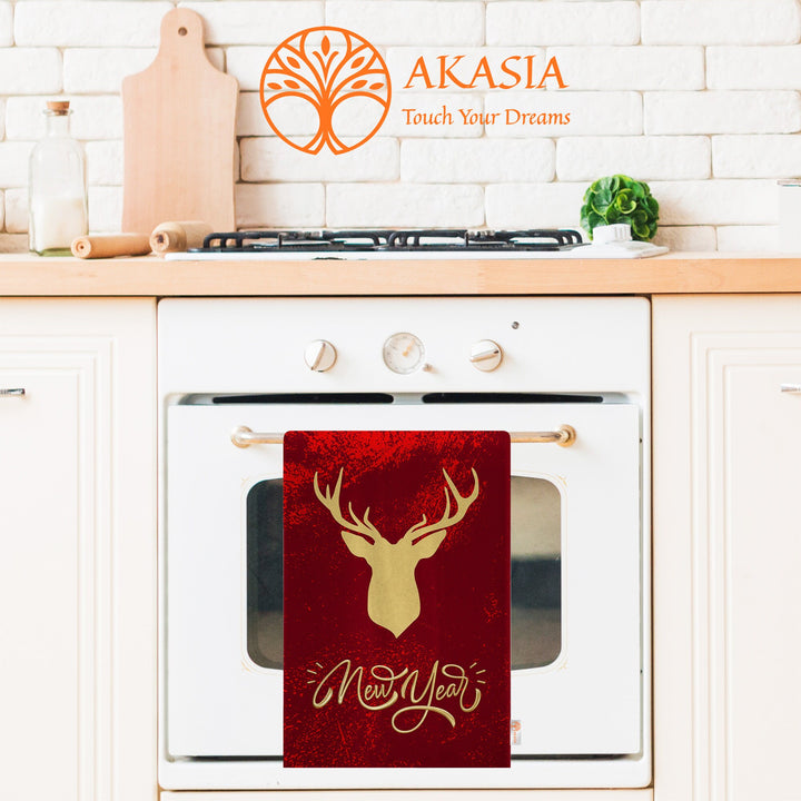 Christmas Hand Towel|New Year Tea Towel|Merry Xmas Dishcloth|Cute Deer Kitchen Cleaning Cloth|Joy Print Reusable Rag|Buckhorn Tea Towel