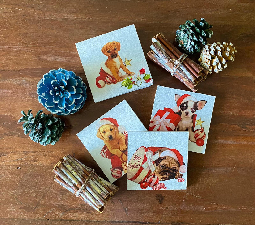 Set of 6 Wooden Christmas Dog Coaster|Xmas Holiday Table Setting|Holiday Red Hat Dog Drink Coaster|New Year Table Decor|Xmas Gift For Friend