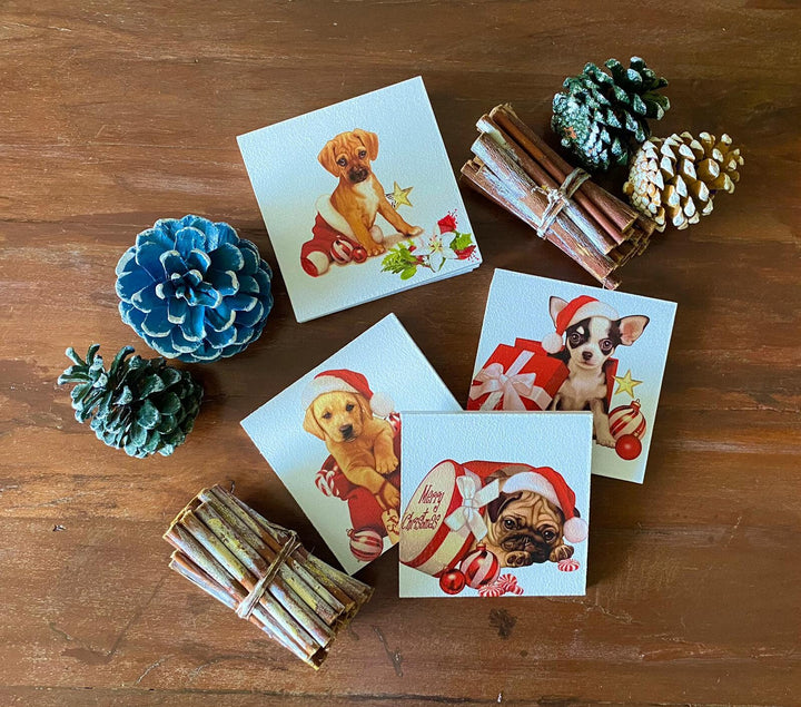 Set of 6 Wooden Christmas Dog Coaster|Xmas Holiday Table Setting|Holiday Red Hat Dog Drink Coaster|New Year Table Decor|Xmas Gift For Friend