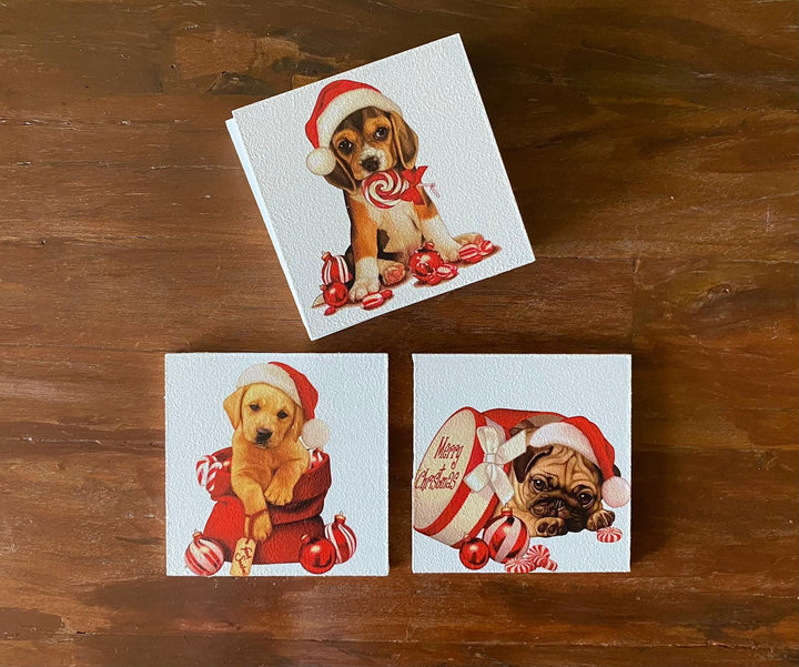 Set of 6 Wooden Christmas Dog Coaster|Xmas Holiday Table Setting|Holiday Red Hat Dog Drink Coaster|New Year Table Decor|Xmas Gift For Friend