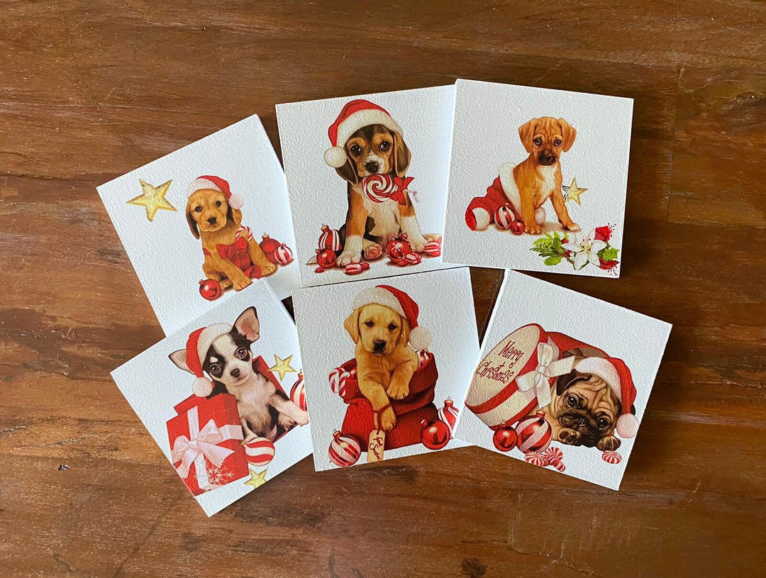 Set of 6 Wooden Christmas Dog Coaster|Xmas Holiday Table Setting|Holiday Red Hat Dog Drink Coaster|New Year Table Decor|Xmas Gift For Friend