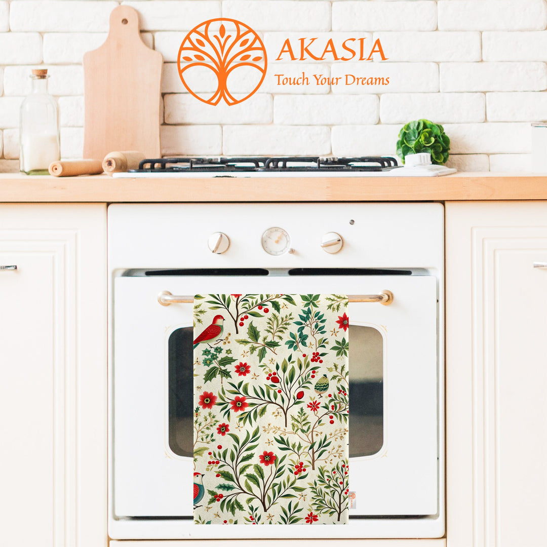 Christmas Hand Towel|Pine Tree Print Towel|Floral Xmas Dishcloth|Kitchen Cleaning Cloth|Bird Dust Remover|Cost-Effective Rag|Floral Towel