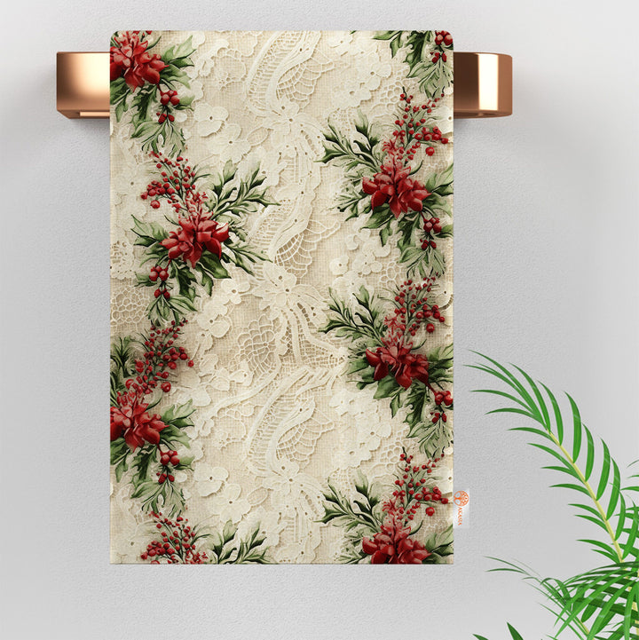 Floral Winter Towel|Lace Pattern Xmas Hand Towel|Christmas Dishcloth|Kitchen Cleaning Cloth|Dust Remover|Cost-Effective Rag|Floral Tea Towel