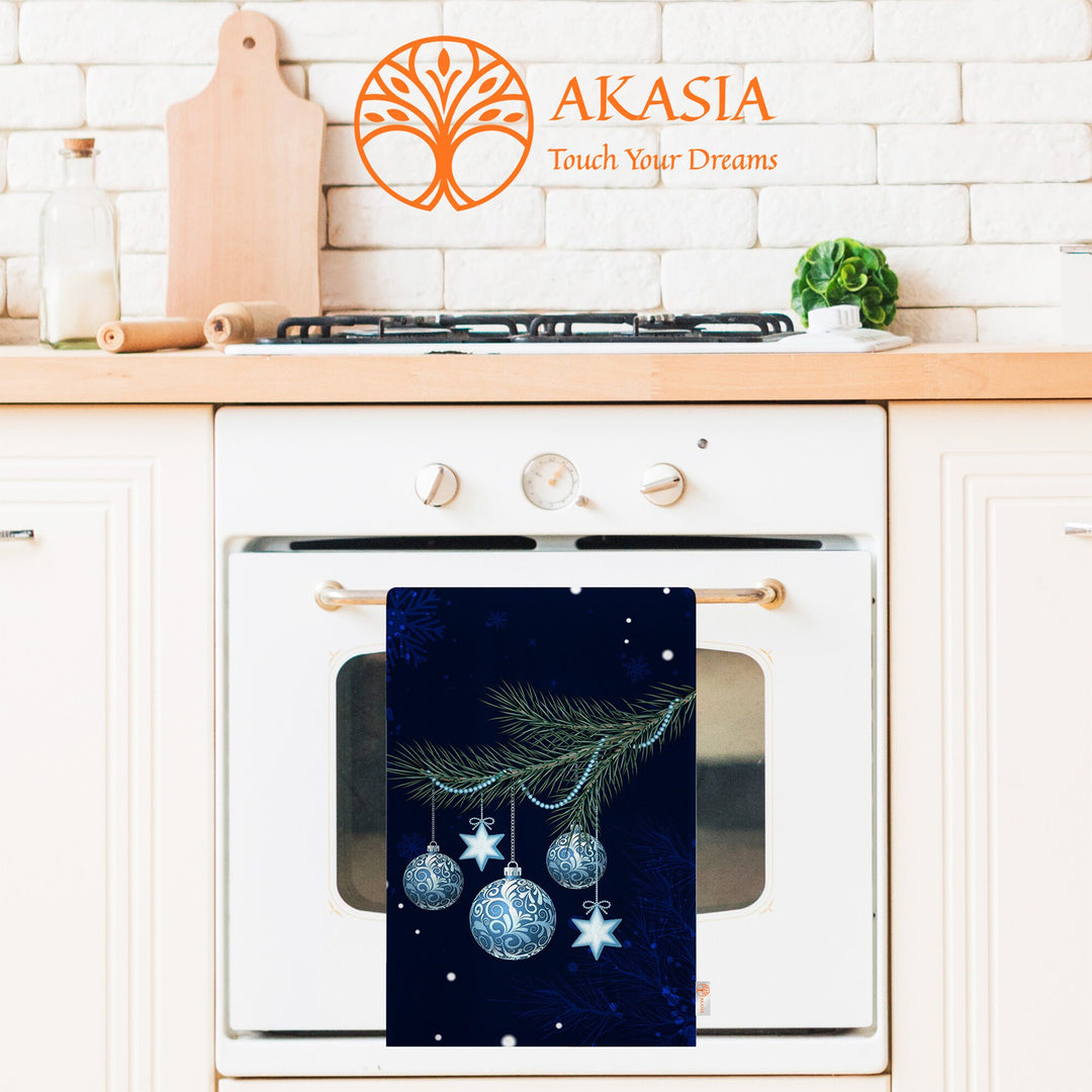 Xmas Hand Towel|Christmas Ornament Print Towel|Snowflake Dishcloth|Kitchen Cleaning Cloth|Dust Remover|Cost-Effective Rag|Bluish Tea Towel