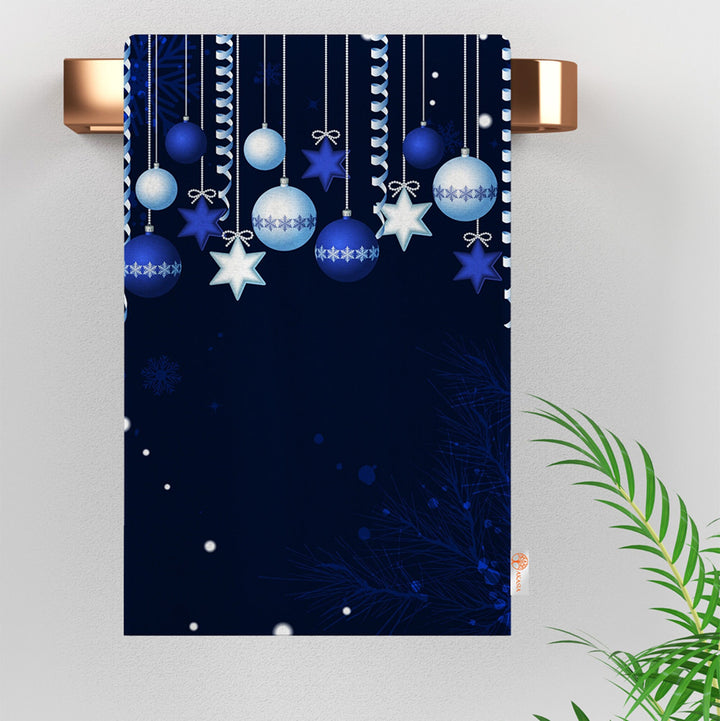 Xmas Hand Towel|Christmas Ornament Print Towel|Snowflake Dishcloth|Kitchen Cleaning Cloth|Dust Remover|Cost-Effective Rag|Bluish Tea Towel