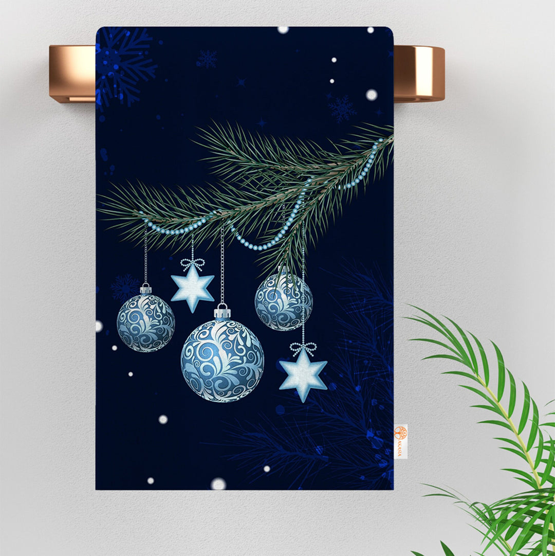 Xmas Hand Towel|Christmas Ornament Print Towel|Snowflake Dishcloth|Kitchen Cleaning Cloth|Dust Remover|Cost-Effective Rag|Bluish Tea Towel