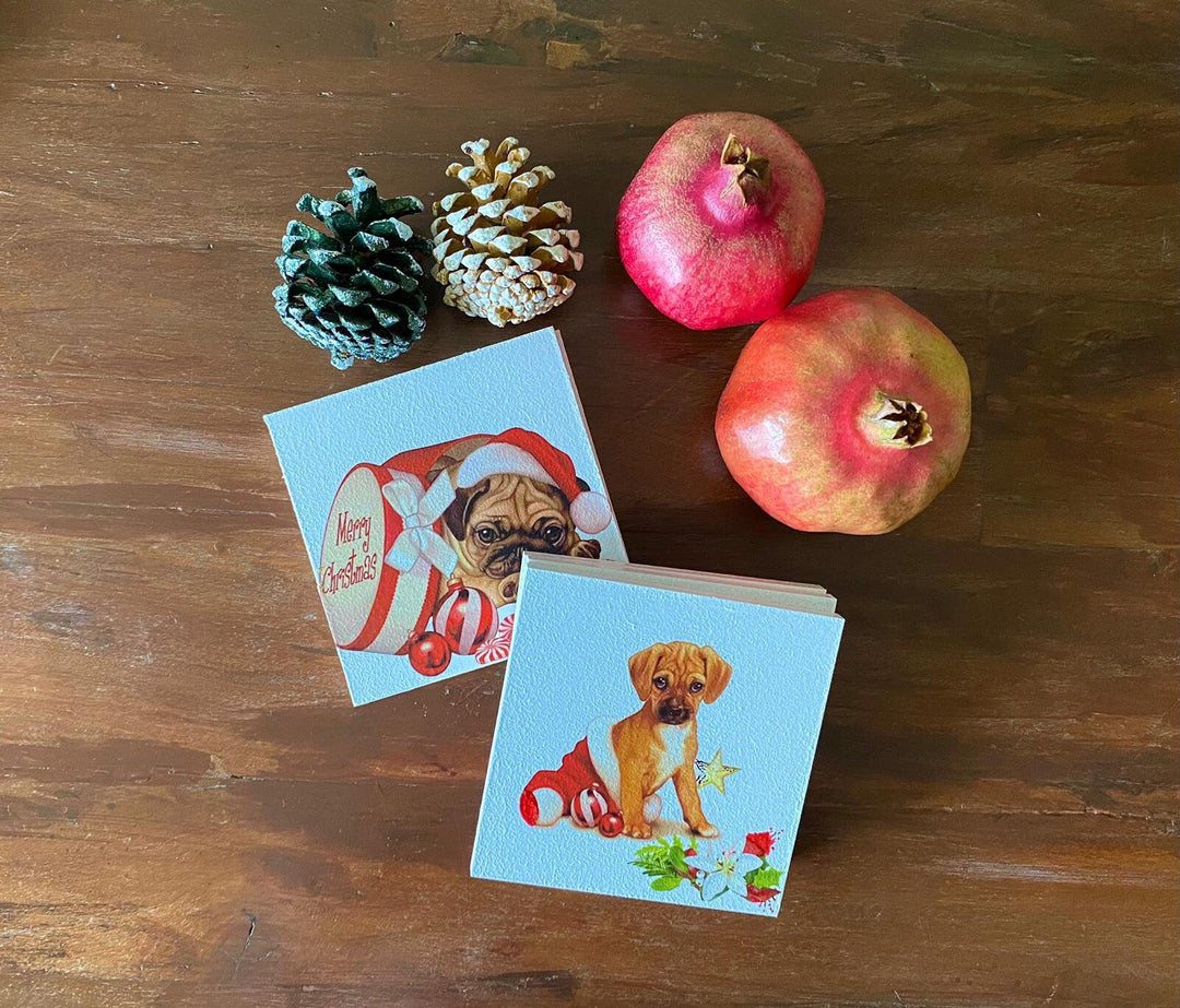 Set of 6 Wooden Christmas Dog Coaster|Xmas Holiday Table Setting|Holiday Red Hat Dog Drink Coaster|New Year Table Decor|Xmas Gift For Friend