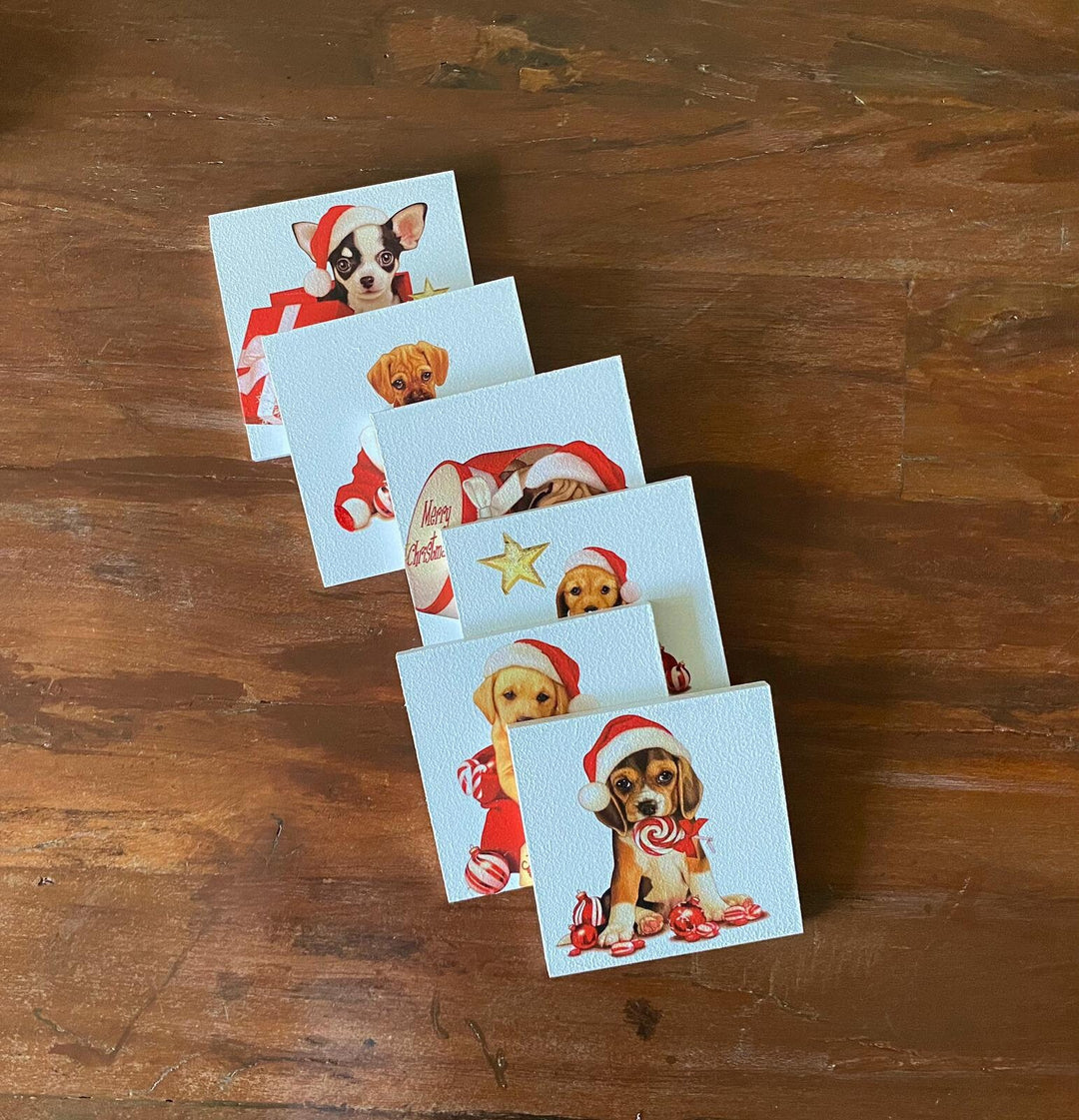 Set of 6 Wooden Christmas Dog Coaster|Xmas Holiday Table Setting|Holiday Red Hat Dog Drink Coaster|New Year Table Decor|Xmas Gift For Friend
