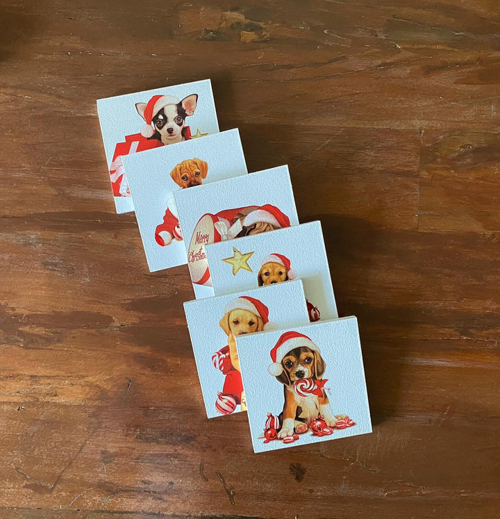 Set of 6 Wooden Christmas Dog Coaster|Xmas Holiday Table Setting|Holiday Red Hat Dog Drink Coaster|New Year Table Decor|Xmas Gift For Friend
