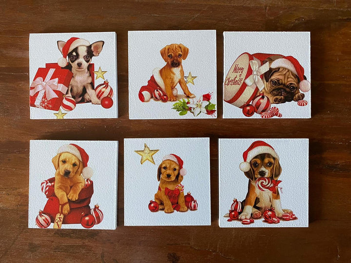 Set of 6 Wooden Christmas Dog Coaster|Xmas Holiday Table Setting|Holiday Red Hat Dog Drink Coaster|New Year Table Decor|Xmas Gift For Friend